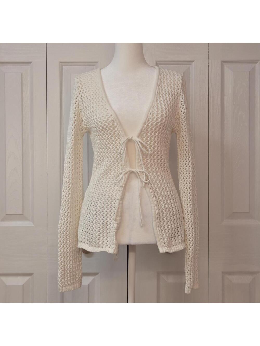 White Open Crochet Summer Cardigan Size M Y2K Coastal Boho Long Sleeve Tie Front